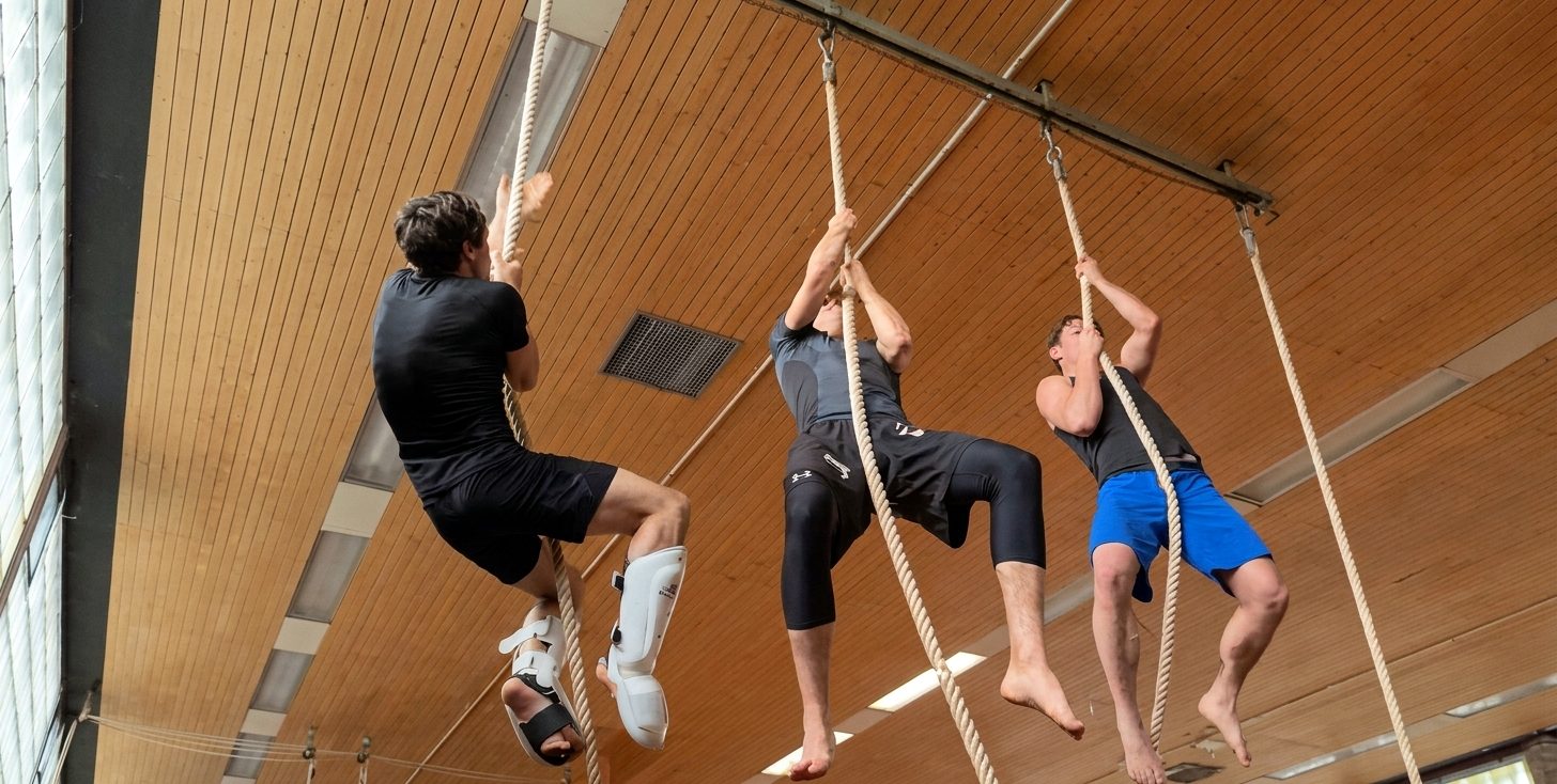 Drei Sportler klettern gleichzeitig am Seil