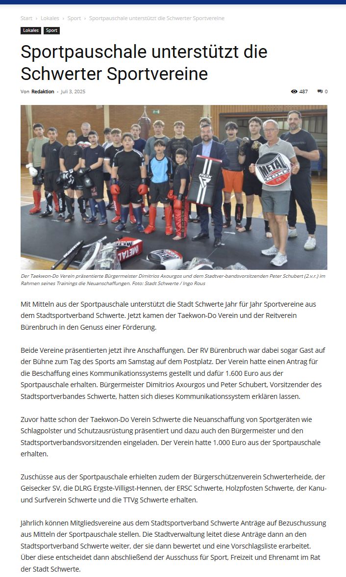 Zeitungsartikel: Sportpauschale unterstützt die Schwerter Sportvereine
